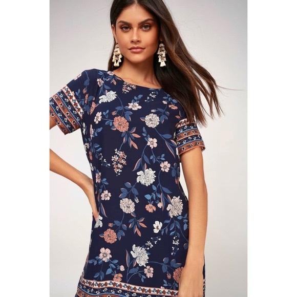 Lulu’s A-Flora-Ble Navy Blue Floral Print Shift Dress size medium - Picture 4 of 11